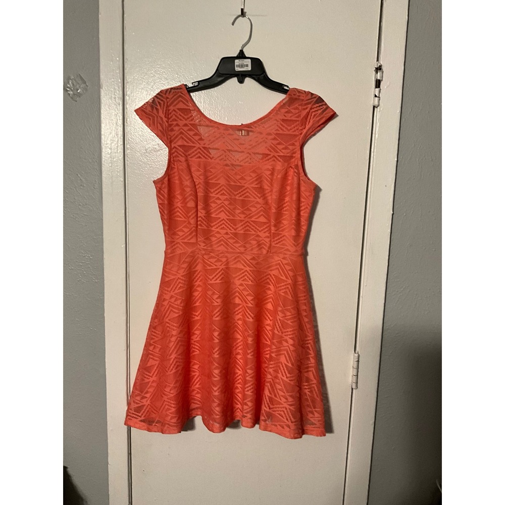 Bailey Blue Women Coral Peach Geometric Lace Cap Sleeve Skater Dress Large